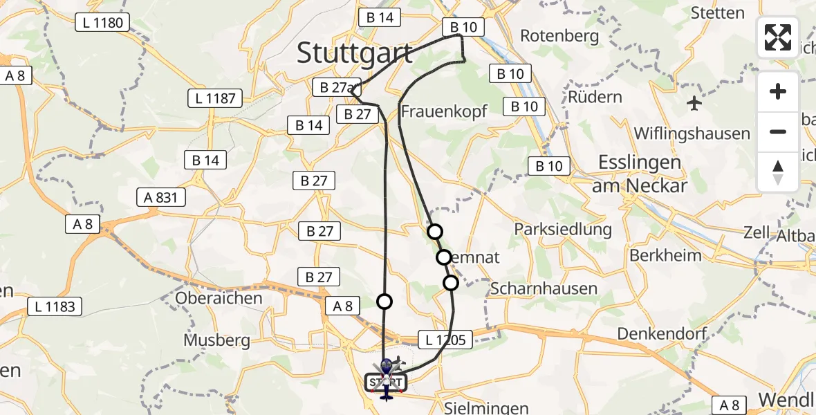 Flugroute Polizeihubschrauber Flughafen Stuttgart - Flughafen Stuttgart, 03 September 2026, 06:06