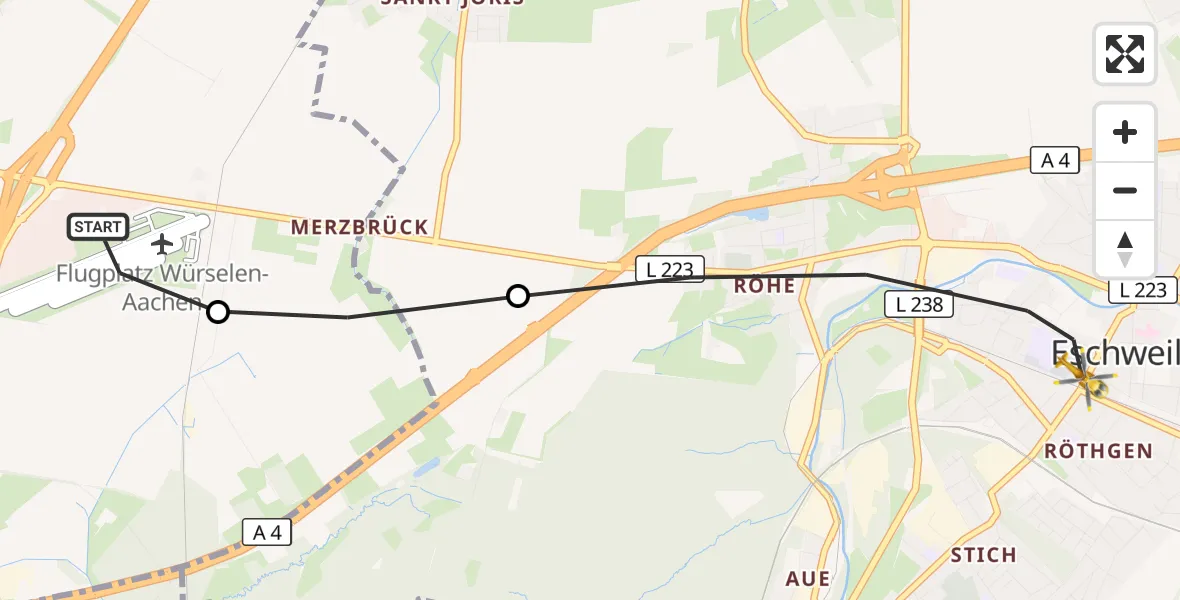 Flugroute Rettungshubschrauber Aachen-Merzbrück Flughafen - Eschweiler, 03 September 2026, 06:11