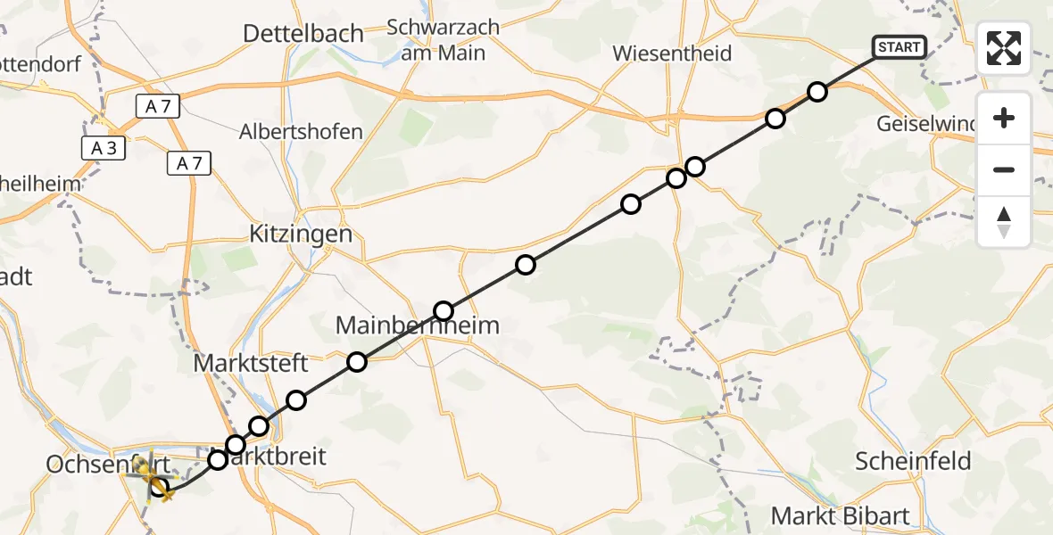 Flugroute Rettungshubschrauber Geiselwind - Ochsenfurt Hospital, 03 September 2026, 06:15