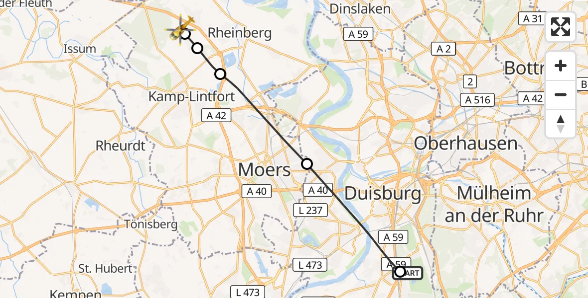 Flugroute Rettungshubschrauber Duisburg Air Rescue Hubschrauberlandeplatz (Christoph 9) - Kamp-Lintfort, 03 September 2026, 06:22