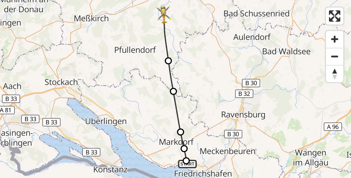 Flugroute Rettungshubschrauber Friedrichshafen Hospital - Ostrach, 03 September 2026, 06:44