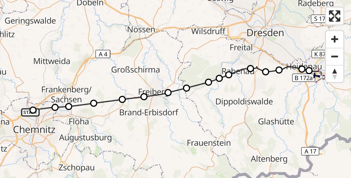 Flugroute Polizeihubschrauber Chemnitz-Glösa Industrial Park Hubschrauberlandeplatz - Pirna, 03 September 2026, 06:45