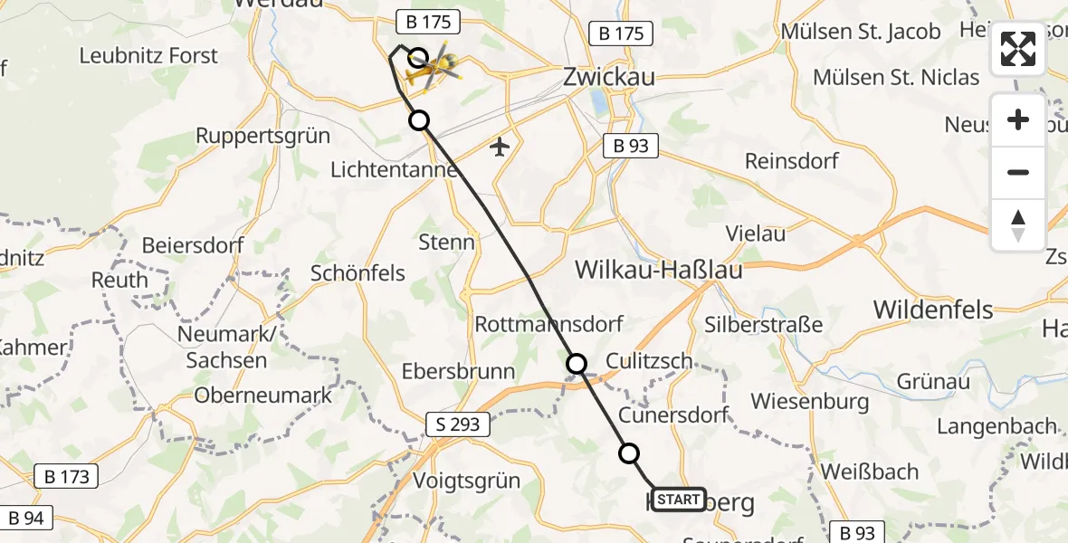 Flugroute Rettungshubschrauber Kirchberg - ADAC Air Rescue Station Zwickau Hubschrauberlandeplatz, 03 September 2026, 06:52