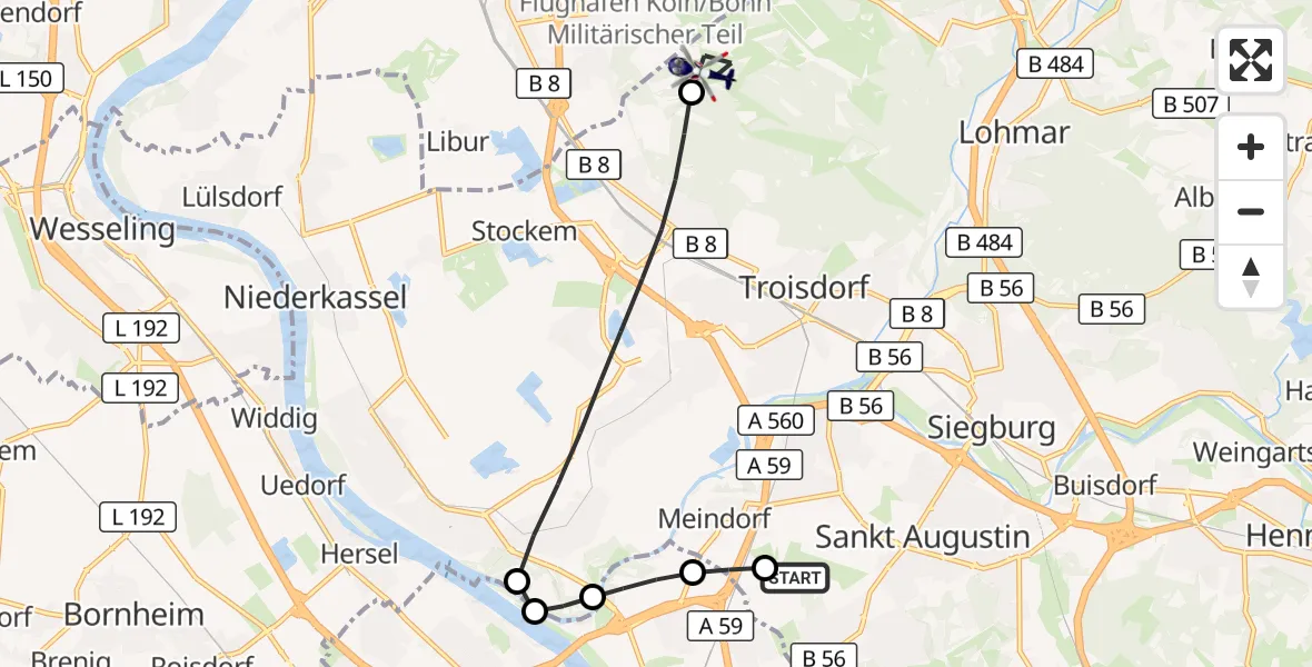 Flugroute Polizeihubschrauber Bonn-Hangelar Flugplatz - Köln Bonn Flughafen, 03 September 2026, 06:56