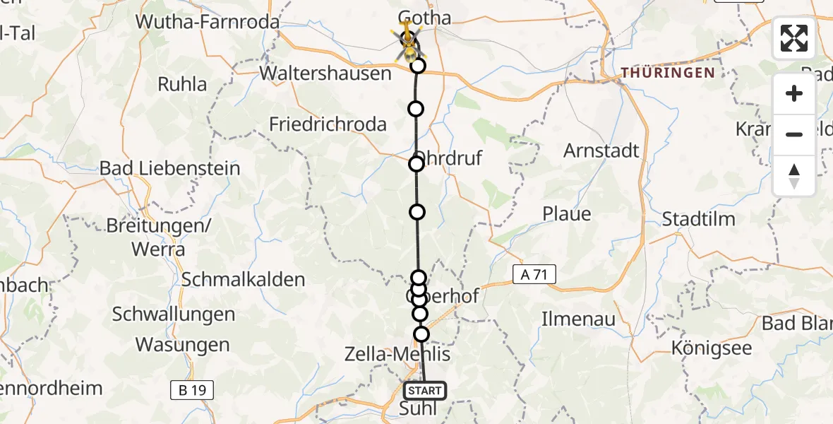 Flugroute Rettungshubschrauber Suhl - Helios Clinic Gotha, 03 September 2026, 06:58