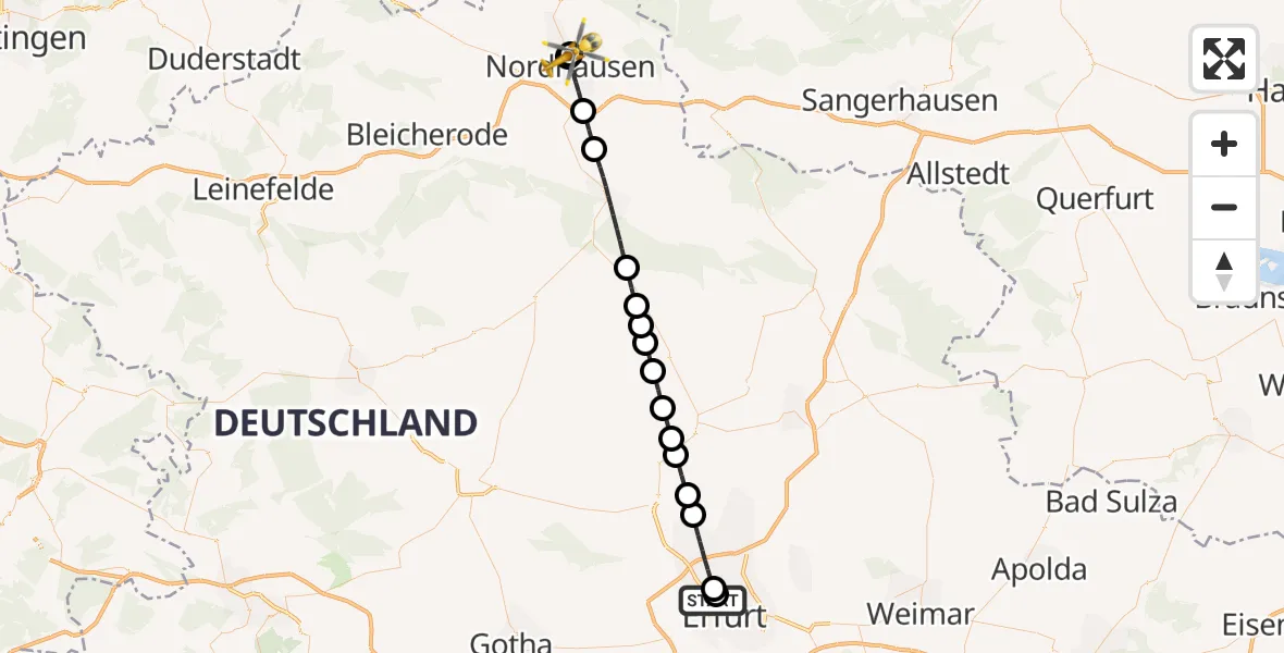 Flugroute Rettungshubschrauber Helios Clinic Erfurt - Südharz Hospital Nordhausen, 03 September 2026, 06:59