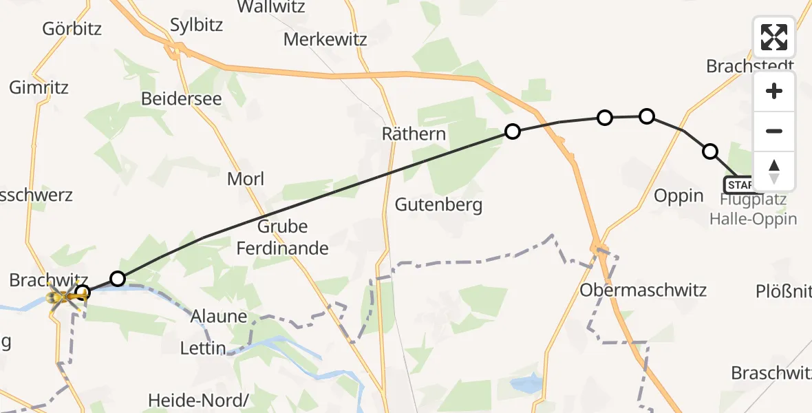 Flugroute Rettungshubschrauber Halle-Oppin Flugplatz - Salzatal, 03 September 2026, 06:59