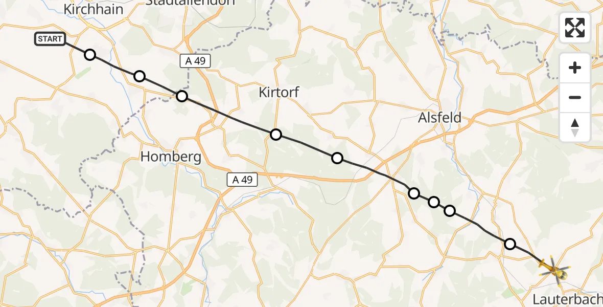Flugroute Rettungshubschrauber Kirchhain - Lauterbach (Hessen), 03 September 2026, 07:05