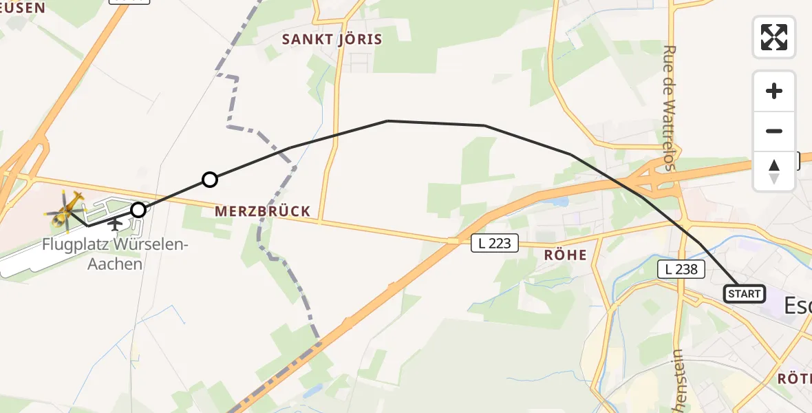 Flugroute Rettungshubschrauber Eschweiler - Aachen-Merzbrück Flughafen, 03 September 2026, 07:10