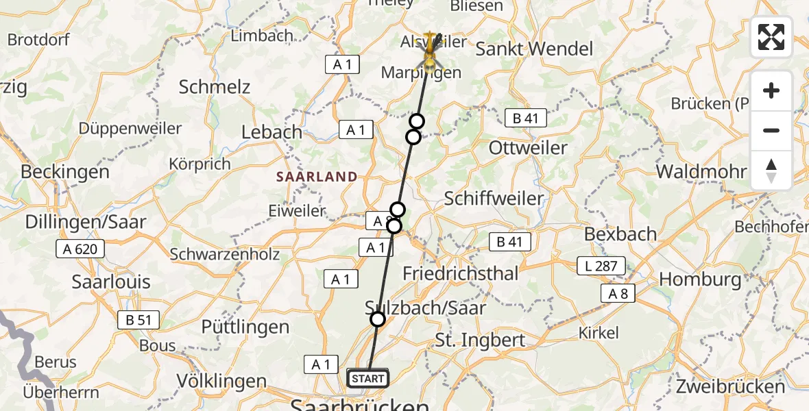 Flugroute Rettungshubschrauber Saarbrücken - Marpingen, 03 September 2026, 07:14