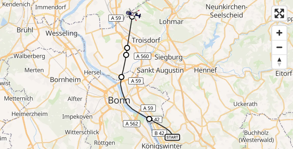 Flugroute Polizeihubschrauber Königswinter - Köln Bonn Flughafen, 03 September 2026, 07:20