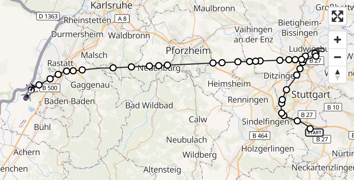 Flugroute Polizeihubschrauber Flughafen Stuttgart - Karlsruhe Baden-Baden Flughafen, 03 September 2026, 07:23