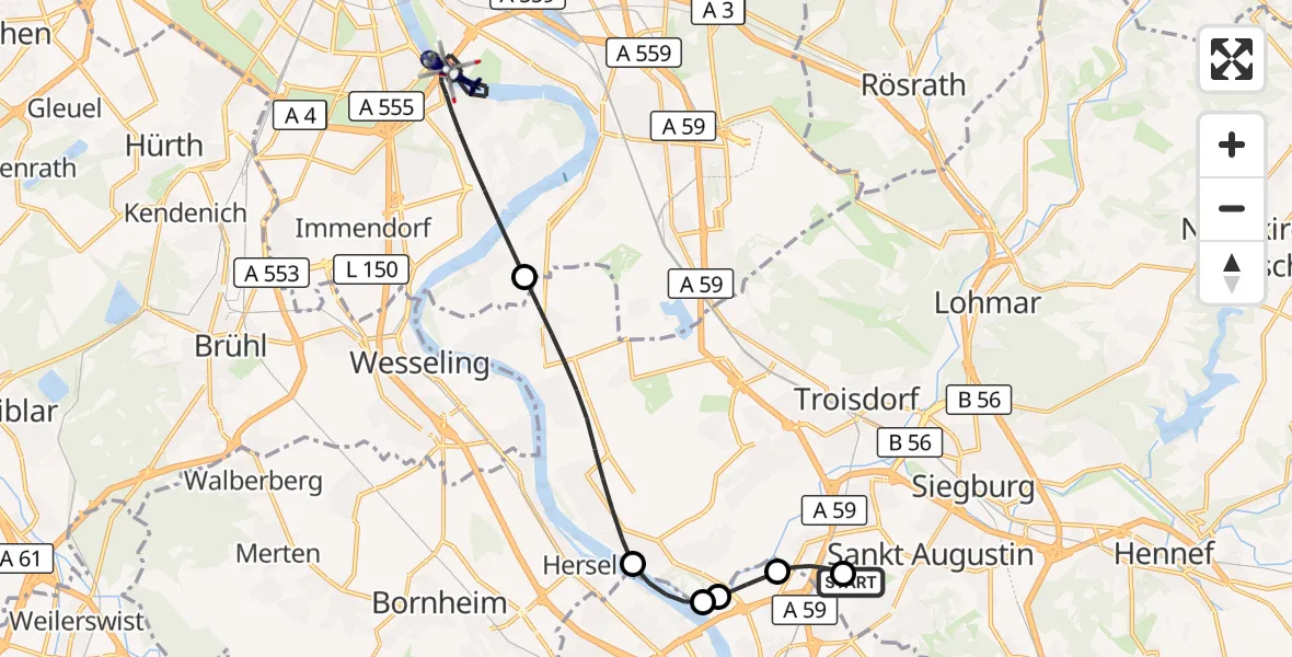 Flugroute Polizeihubschrauber Bonn-Hangelar Flugplatz - Köln, 03 September 2026, 07:37