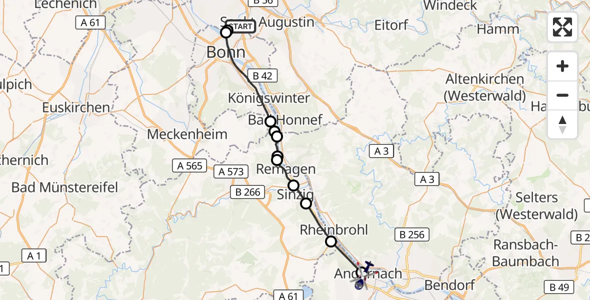 Flugroute Polizeihubschrauber Bonn - Andernach, 03 September 2026, 07:40
