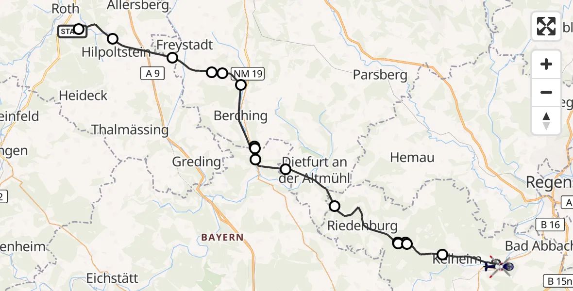 Flugroute Polizeihubschrauber Flugplatz Roth - Kelheim, 03 September 2026, 07:42