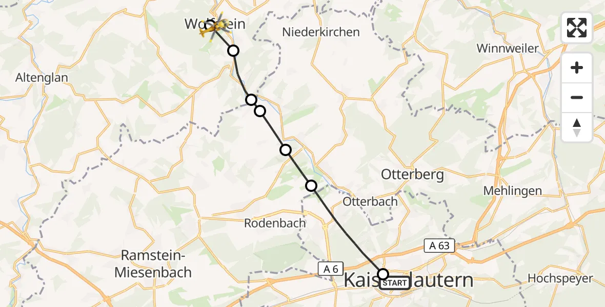 Flugroute Rettungshubschrauber Westpfalz Hospital Kaiserslautern - Wolfstein, 03 September 2026, 07:58