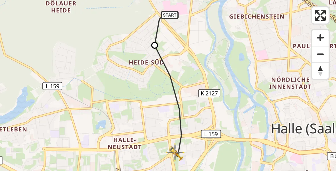 Flugroute Rettungshubschrauber Halle (Saale) University Hospital - Halle (Saale), 03 September 2026, 07:58
