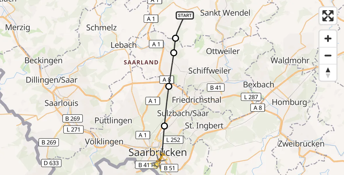 Flugroute Rettungshubschrauber Marpingen - Saarbrücken, 03 September 2026, 08:01