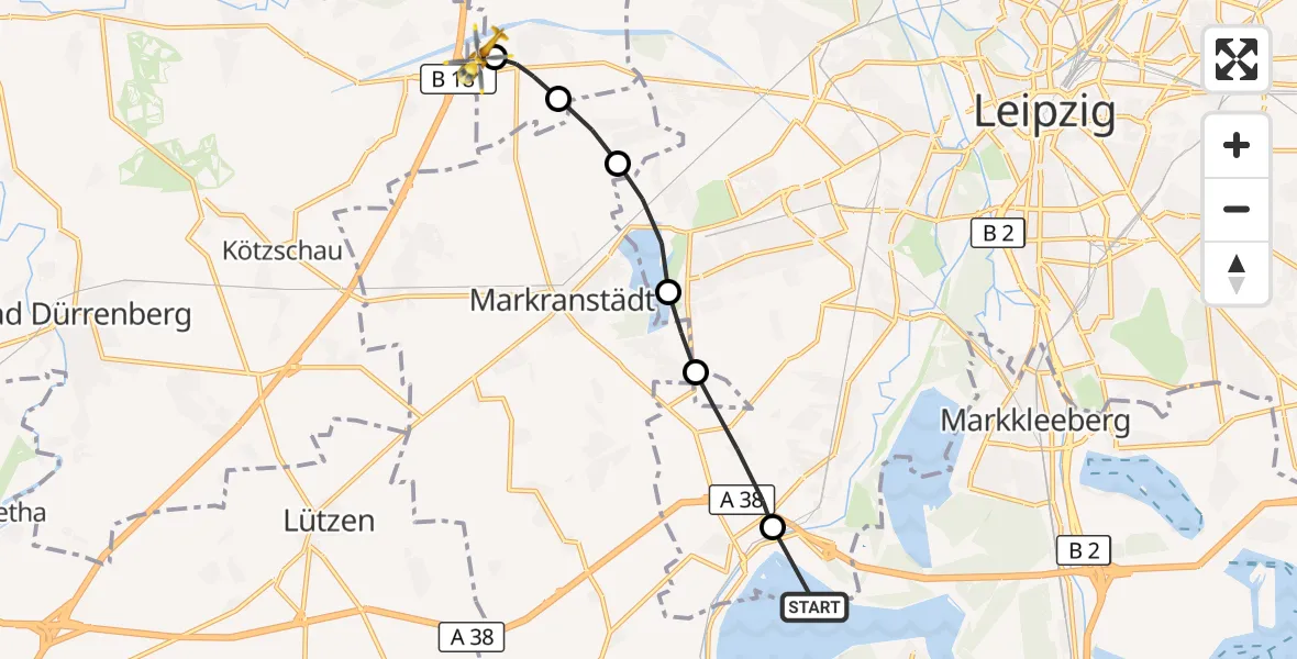 Flugroute Rettungshubschrauber Zwenkau - ADAC Air Rescue Station Leipzig/Schkeuditz-Dölzig Hubschrauberlandeplatz (Christoph 61), 03 September 2026, 08:04