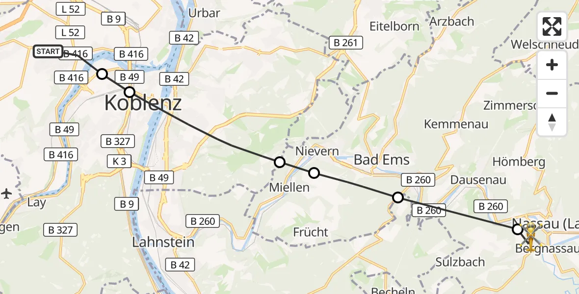 Flugroute Rettungshubschrauber Koblenz - Nassau, 03 September 2026, 08:12
