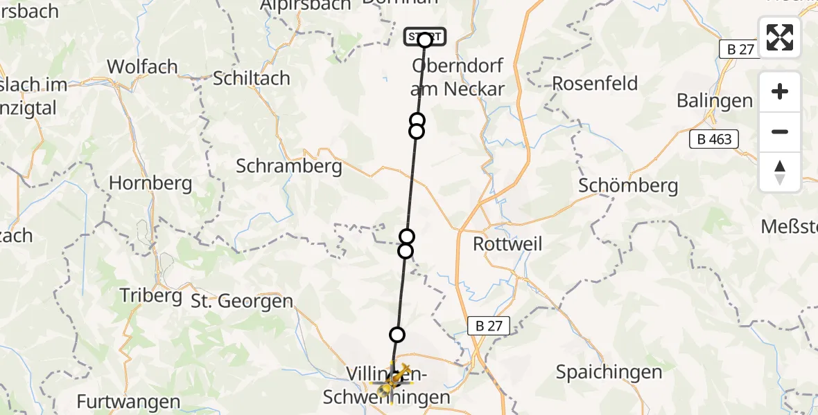 Flugroute Rettungshubschrauber Dornhan - DRF Air Rescue Station Villingen-Schwenningen Hubschrauberlandeplatz (Christoph 11), 03 September 2026, 08:18
