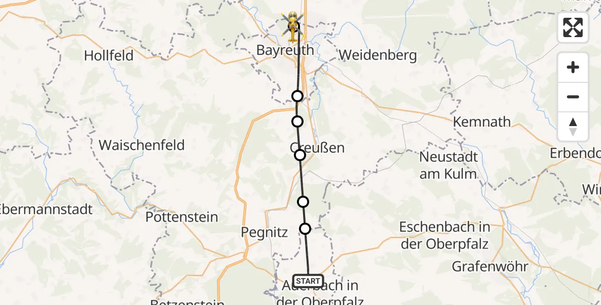Flugroute Ambulanzhubschrauber Auerbach i.d.OPf. - Hohe Warte Hospital, 03 September 2026, 08:22