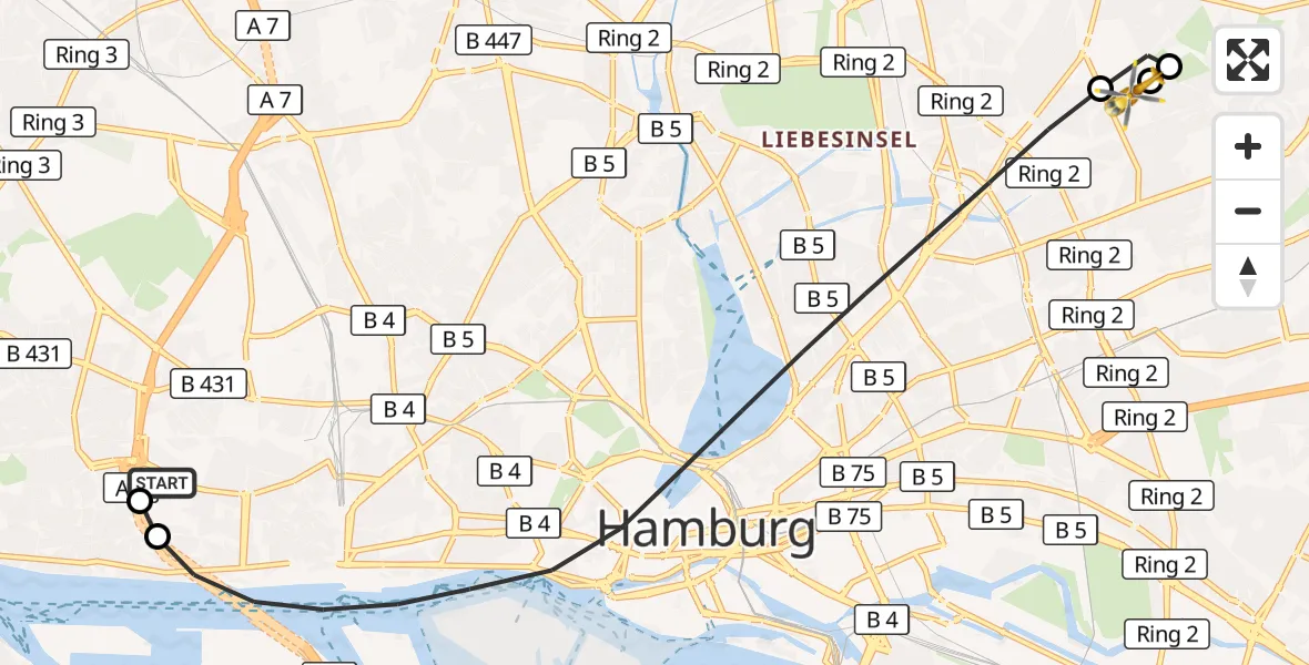 Flugroute Rettungshubschrauber Asklepios Hospital Altona - Hamburg Military Hospital, 03 September 2026, 08:22