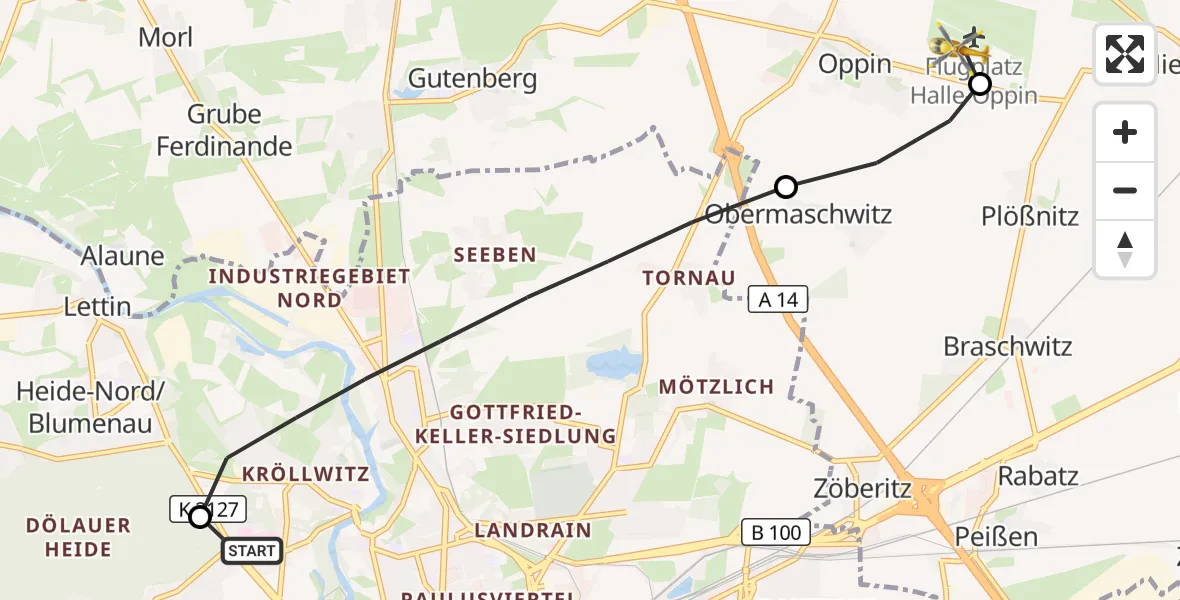 Flugroute Rettungshubschrauber Halle (Saale) University Hospital - Halle-Oppin Flugplatz, 03 September 2026, 08:24