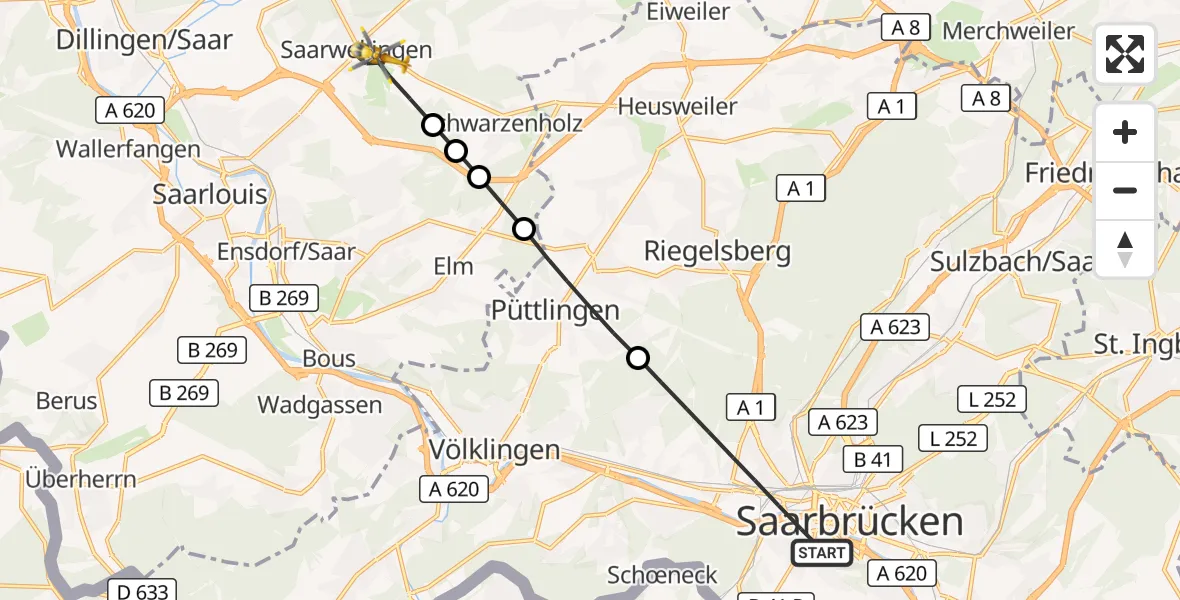 Flugroute Rettungshubschrauber Saarbrücken - Saarwellingen, 03 September 2026, 08:29