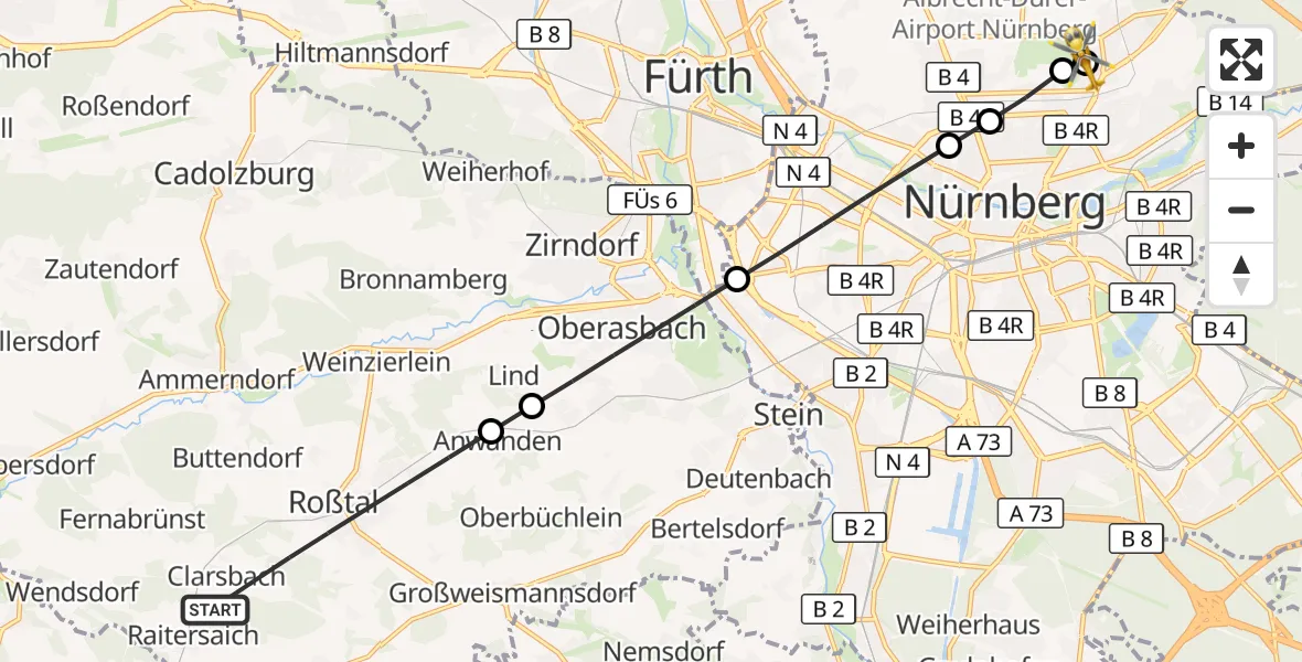 Flugroute Ambulanzhubschrauber Roßtal - Flughafen Nuremberg, 03 September 2026, 08:30