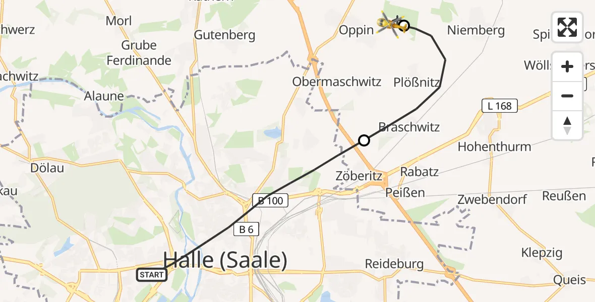 Flugroute Rettungshubschrauber Halle (Saale) - Halle-Oppin Flugplatz, 03 September 2026, 08:38