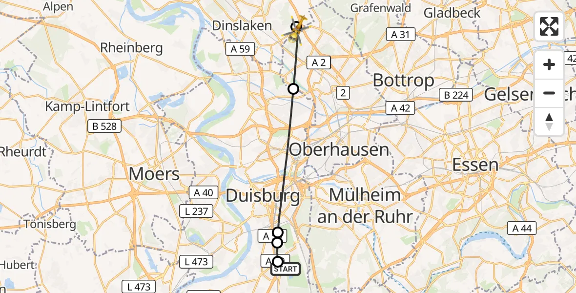 Flugroute Rettungshubschrauber Duisburg Air Rescue Hubschrauberlandeplatz (Christoph 9) - Dinslaken, 03 September 2026, 08:45