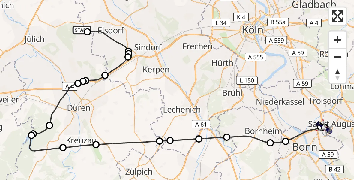 Flugroute Polizeihubschrauber Niederzier - Sankt Augustin, 03 September 2026, 08:45