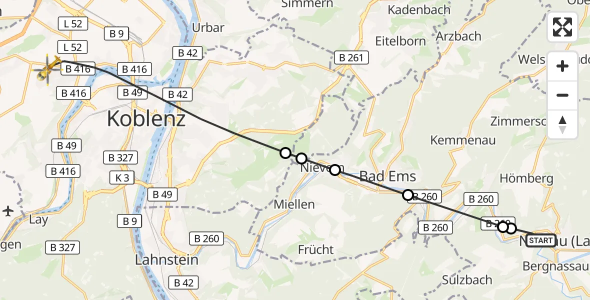 Flugroute Rettungshubschrauber Nassau - Koblenz, 03 September 2026, 08:55