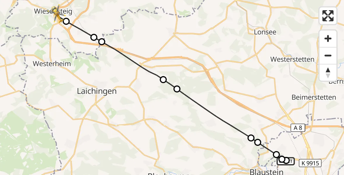 Flugroute Rettungshubschrauber Ulm Military Hospital Emergency - Wiesensteig, 03 September 2026, 08:56