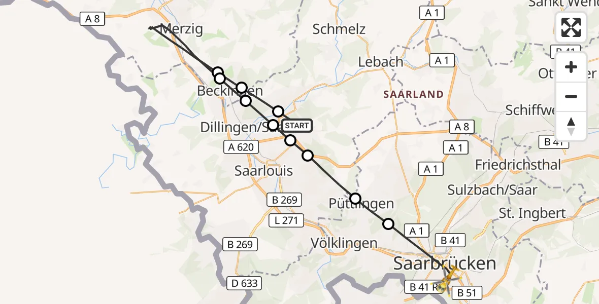 Flugroute Rettungshubschrauber Saarwellingen - Saarbrücken, 03 September 2026, 09:03