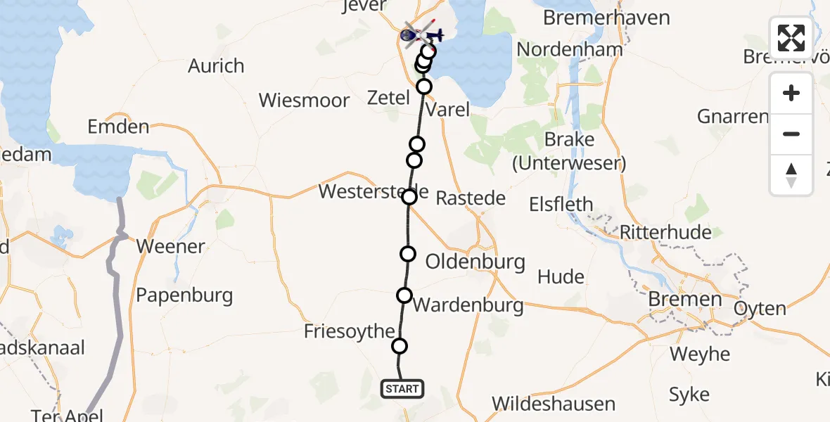 Flugroute Polizeihubschrauber Garrel - Wilhelmshaven, 03 September 2026, 09:07