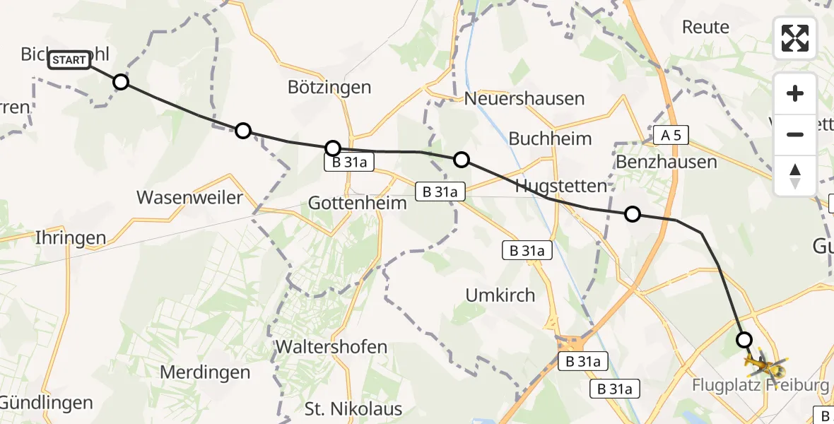 Flugroute Ambulanzhubschrauber Vogtsburg im Kaiserstuhl - Freiburg im Breisgau Flugplatz, 03 September 2026, 09:18