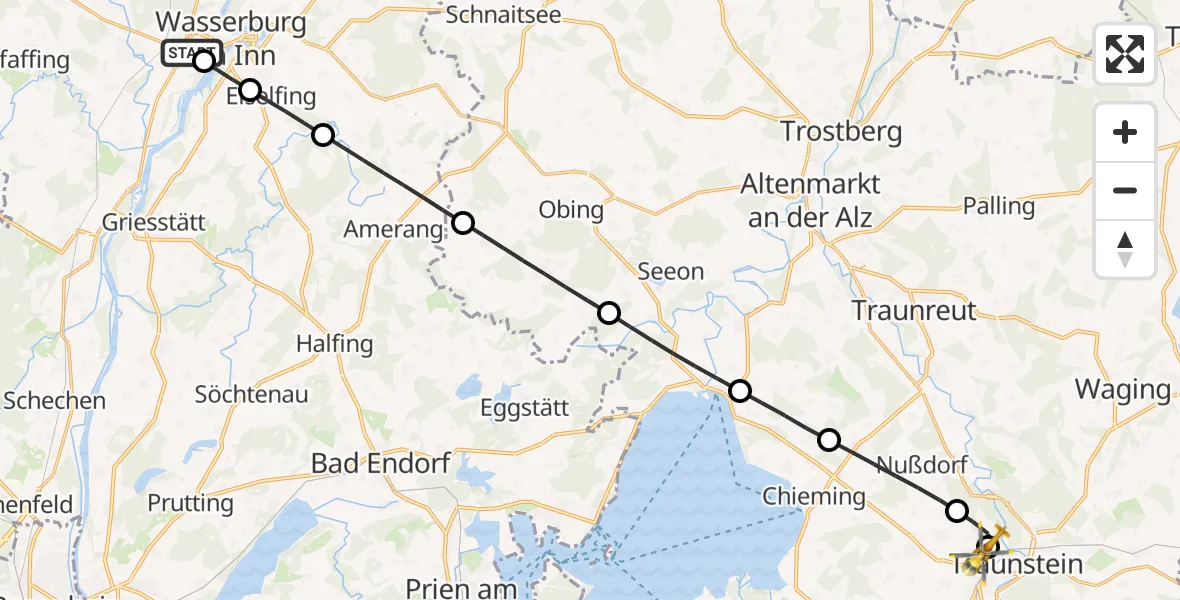 Flugroute Rettungshubschrauber RoMed Hospital Wasserburg - Traunstein Hospital, 03 September 2026, 09:29