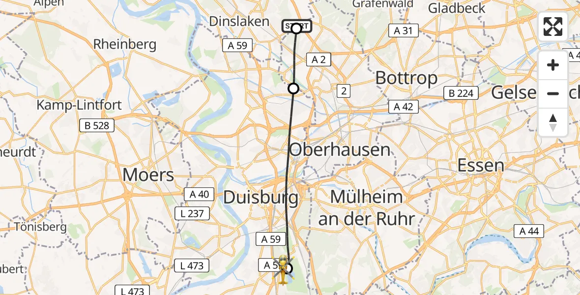 Flugroute Rettungshubschrauber Dinslaken - Duisburg Air Rescue Hubschrauberlandeplatz (Christoph 9), 03 September 2026, 09:33