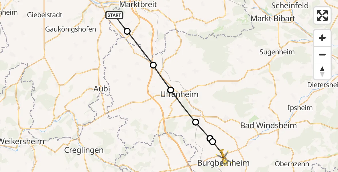 Flugroute Rettungshubschrauber Marktbreit - Burgbernheim, 03 September 2026, 09:33