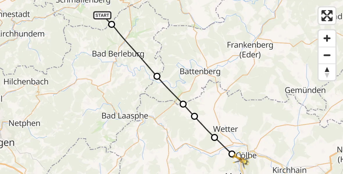Flugroute Rettungshubschrauber Schmallenberg - Marburg, 03 September 2026, 09:39