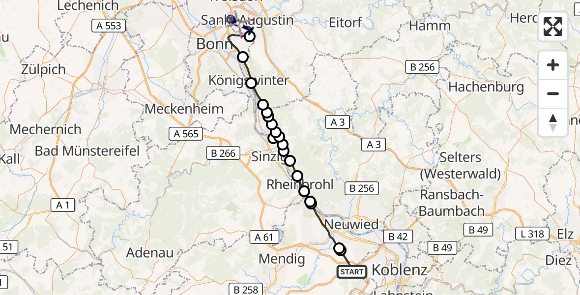 Flugroute Polizeihubschrauber Bassenheim - Sankt Augustin, 03 September 2026, 09:40