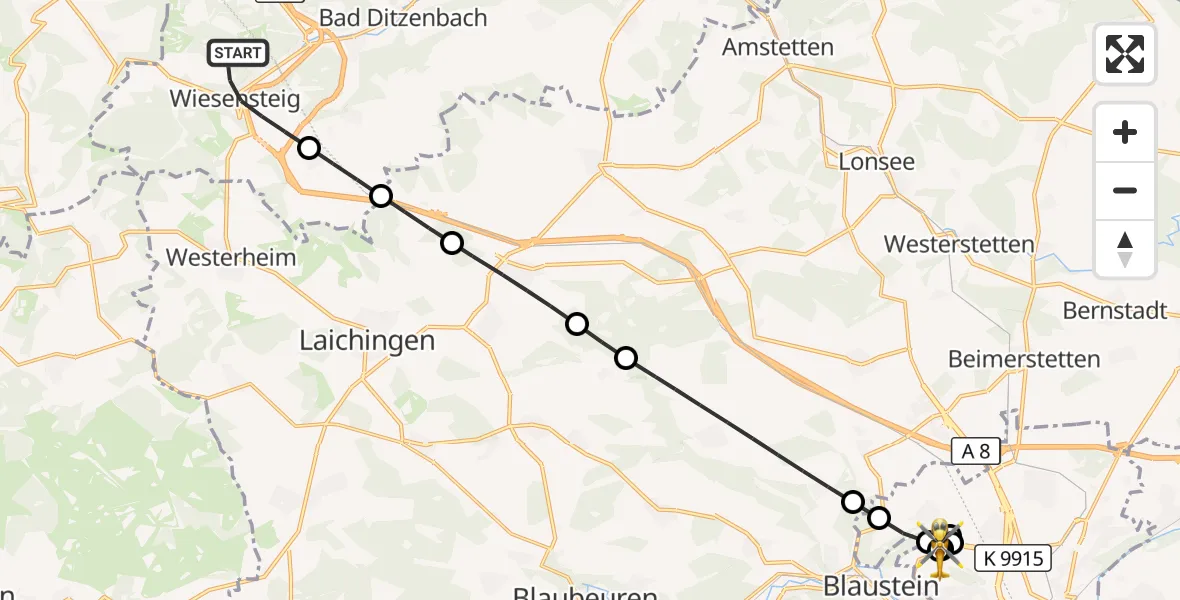 Flugroute Rettungshubschrauber Wiesensteig - ADAC Air Rescue Station Ulm (Christoph 22), 03 September 2026, 09:47