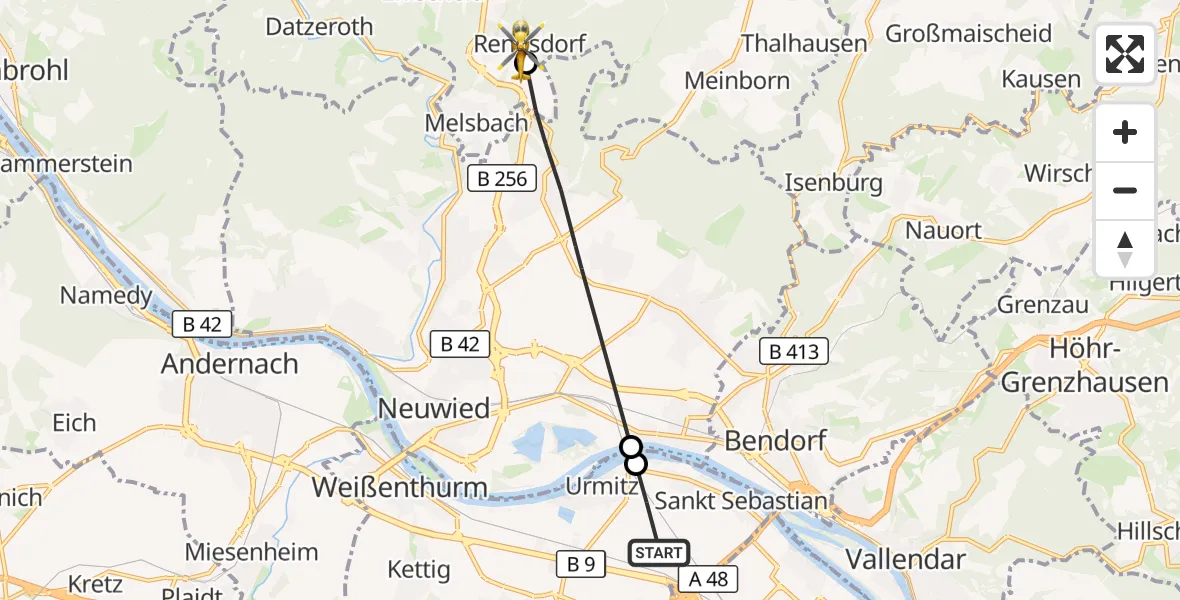 Flugroute Rettungshubschrauber Kaltenengers - Rengsdorf, 03 September 2026, 10:00