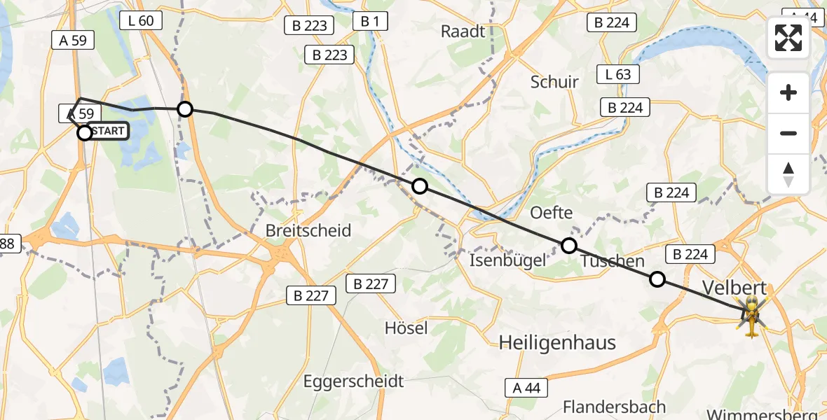 Flugroute Rettungshubschrauber Duisburg Air Rescue Hubschrauberlandeplatz (Christoph 9) - Velbert, 03 September 2026, 10:07