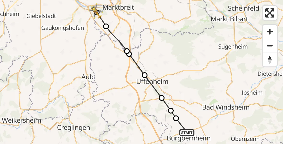 Flugroute Rettungshubschrauber Burgbernheim - Ochsenfurt Hospital, 03 September 2026, 10:08