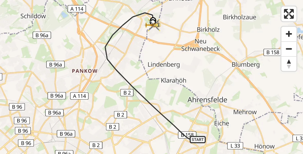 Flugroute Rettungshubschrauber Berlin - Helios Clinic Berlin-Buch, 03 September 2026, 10:19