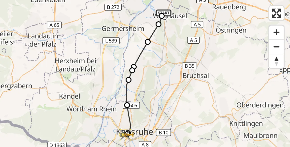Flugroute Ambulanzhubschrauber Oberhausen-Rheinhausen - Sankt Vincentius Hospital, 03 September 2026, 10:22