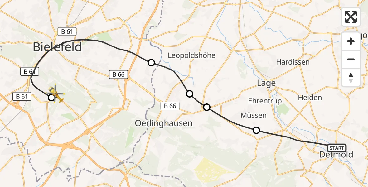 Flugroute Rettungshubschrauber Detmold - Luftrettungszentrum Bielefeld, 03 September 2026, 10:26